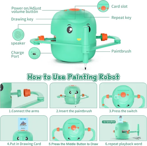 Miniatura 5 de Robot de dibujo educativo interactivo para niños, juguete de aprendizaje Montessori con 150 tarjetas de palabras, interacción de voz, a partir de 5