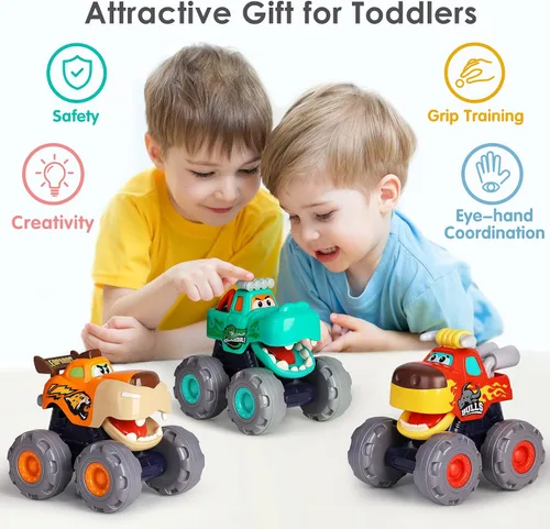 Miniatura 6 de iPlay, iLearn Juguete de camión monstruo de 3 piezas, auto de tracción para bebé, camiones de animales Push Go, vehículo de juego de ruedas grandes
