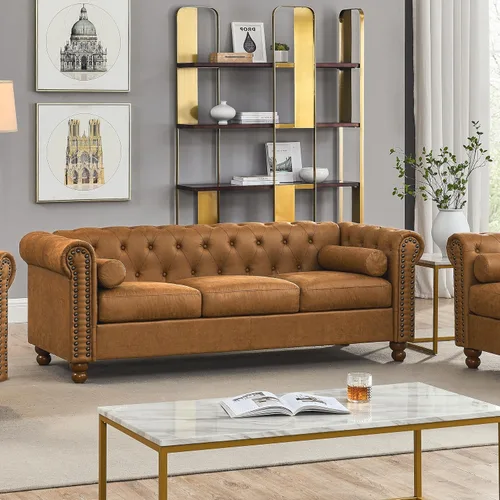 Miniatura 7 de Sofá Air de cuero copetudo para sala de estar, sofá de 3 plazas con brazo enrollado con ribete de cabeza de clavo y 2 almohadas para el cuello, sofá