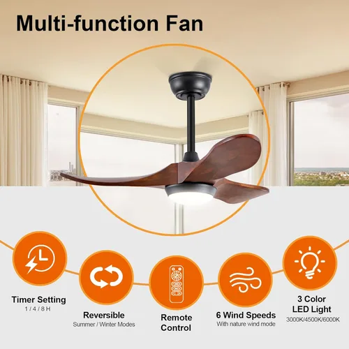 Miniatura 2 de Ventiladores de techo de madera maciza con luces, ventilador de techo moderno de 36 pulgadas con luz y control remoto, motor CC reversible, 6