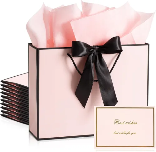 Miniatura 10 de PASEOTA Bolsas de regalo de 12.6" a granel, 10 bolsas de regalo con 20 papeles de seda y 10 tarjetas de felicitación, bolsa de lujo con asas