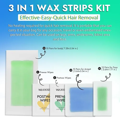 Miniatura 3 de Waxkiss Kit de tiras de cera para mujeres y hombres, 70 unidades, 3 tamaños y 12 toallitas para cera y después de la cera, kit de tiras de cera