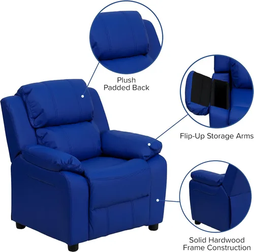 Miniatura 4 de EMMA + OLIVER Sillón reclinable infantil de vinilo azul acolchado de lujo con brazos de almacenamiento