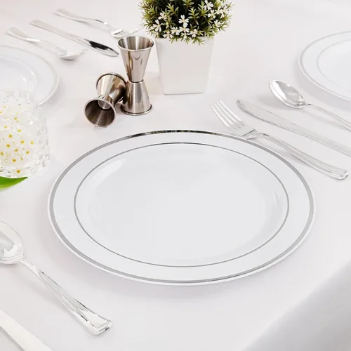 Miniatura 3 de WELLIFE Platos llanos de plástico plateado, 72 piezas, platos desechables plateados de 10.25 pulgadas, platos de almuerzo de plástico duro de alta
