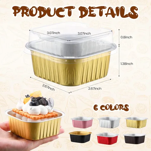 Miniatura 2 de Skylety 100 Piezas Moldes para Hornear Cuadrados Mini de 5 oz con Tapa Molde de Lámina de Aluminio para Magdalenas Molde para Brownies Moldes Varios
