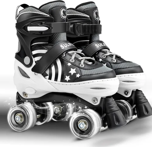SULIFEEL Rainbow Unicorn - Patines ajustables de 4 tamaños para niñas y niños de 3-5, 5-8, 6-12 años, patines para interiores y exteriores E Negro