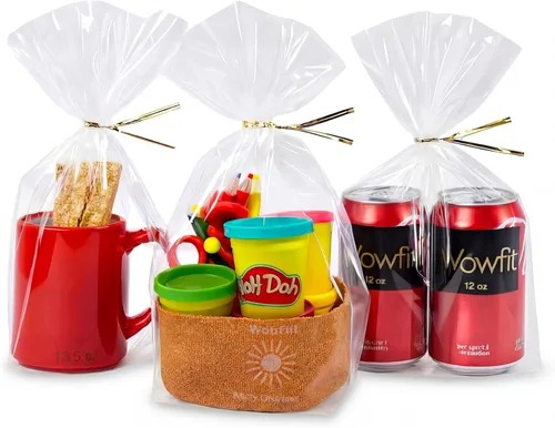 Miniatura 12 de Wowfit 100 bolsas de celofán plano transparente de 2 x 10 pulgadas con lazos dorados de 4 pulgadas, embalaje de celofán para barras de pretzel