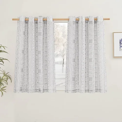 Miniatura 26 de NICETOWN Cortinas bohemias de lino transparente para sala de estar, cortinas semitransparentes de granja con patrón de rayas bohemias, cortinas Gris