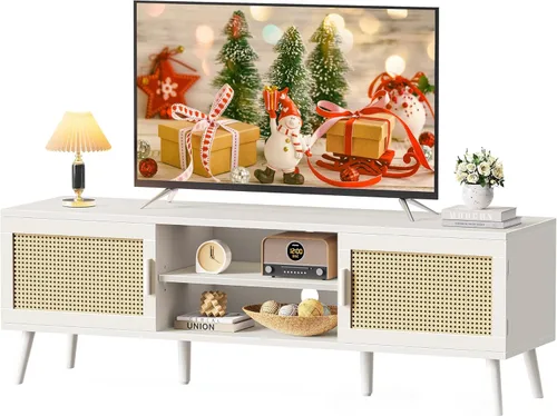 SUPERJARE Soporte de TV para TV de 65 pulgadas, centro de entretenimiento con estante ajustable, consola de TV de ratán con 2 gabinetes, consola