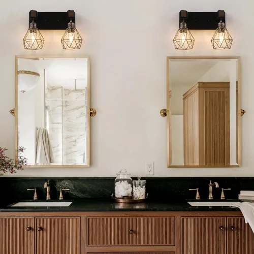 Miniatura 7 de Lámpara de tocador estilo casa de campo para baño, luminarias de tocador de baño de 2 luces negra dorada de madera sobre espejo, apliques rústicos