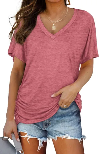 Miniatura 21 de WIHOLL - Camisetas de manga corta con cuello en V para mujer, holgadas, con fruncido lateral