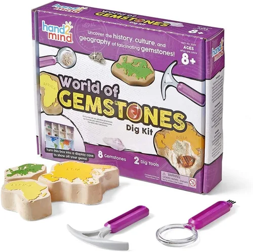 hand2mind World of Gemstones Dig Kit, 8 piedras preciosas reales para descubrir, estuche de exhibición de piedras preciosas, kit de excavación de