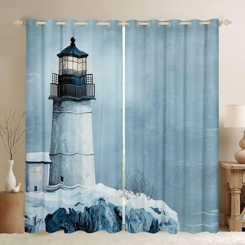 Erosebridal Nautical Lighthouse Blackout Curtains 30-50% Navigation Theme Curtains for Women Men Watercolor Seascape Window Treatments Coastal Night