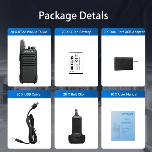 Miniatura 7 de Retevis RT22 Walkie Talkies Mini, radio bidireccional recargable de largo alcance, radio de 2 vías pequeña, VOX portátil, para negocios, negocios