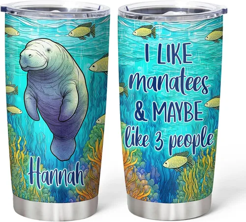 Miniatura 8 de Hyturtle Regalos personalizados para amantes de los manatíes, vaso de acero inoxidable con nombre personalizado de 20 onzas con tapa, idea de lindos