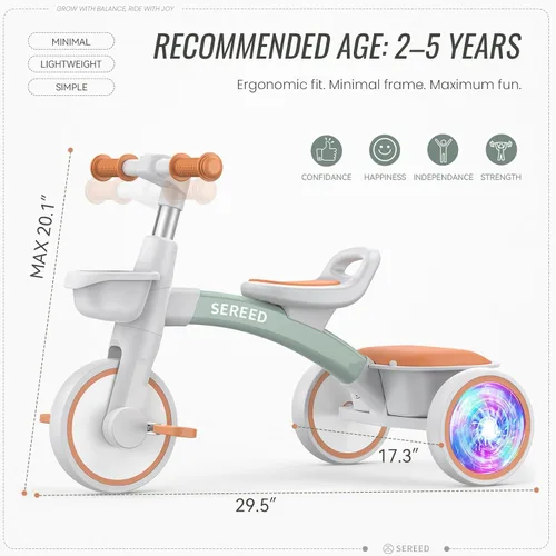 Miniatura 8 de SEREED Triciclo de Iluminación Colorida para Niños Pequeños de 2-5 Años, Niños y Niñas, Triciclo con Asiento y Manillar Ajustables, Cesta Extraíble
