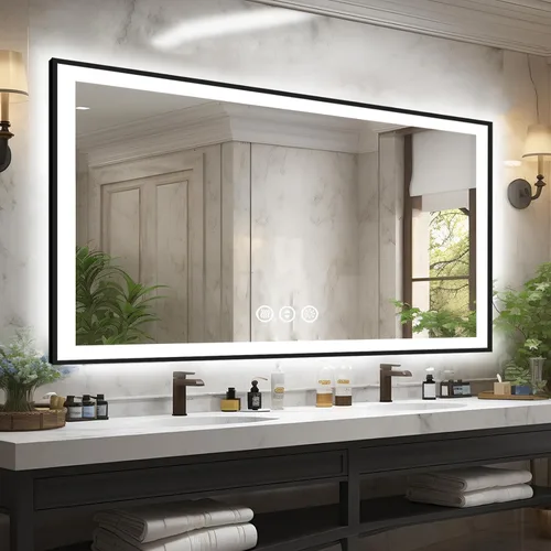 Miniatura 24 de Espejo de baño LED de 20 x 28 pulgadas para pared, marco negro (metal, aluminio), luz frontal y retroiluminada, 3 colores y espejo de tocador