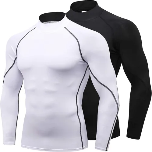 Paquete de 2 camisetas de compresión de cuello alto alto falso para hombre, camiseta deportiva de manga larga que absorbe la capa base atlética para