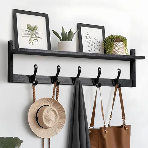 Tatub Perchero de pared de 29 pulgadas con estante, ganchos de pared de madera con almacenamiento, estante de entrada con 5 perchas para baño, sala