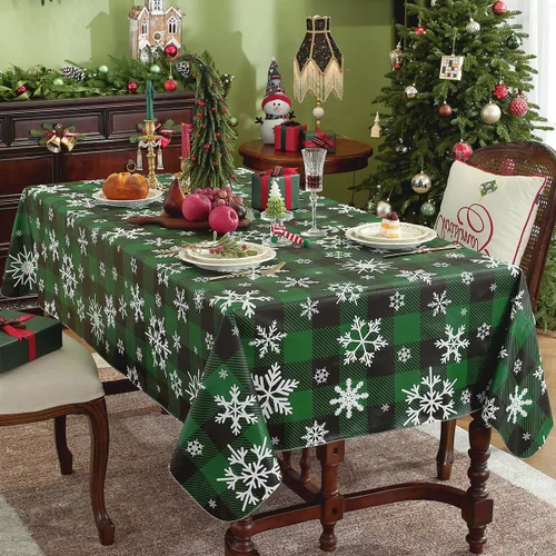 Miniatura 9 de Mantel de Navidad de vinilo con reverso de franela, rectangular, 52 x 70 pulgadas, patrón de bolas de Navidad, 100% impermeable, mantel de plástico