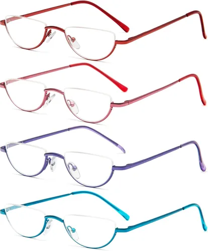 Miniatura 9 de REAVEE 4 unidades de gafas de lectura de aleación de diseño retro de media luna para mujeres y hombres, con marco medio, bisagra de resorte, Negro