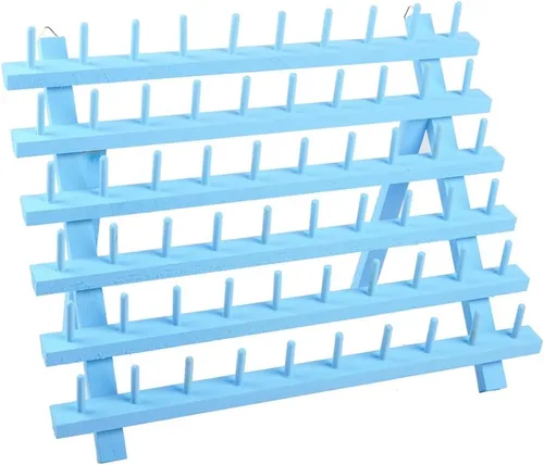 NW Colorido soporte de hilo de madera de 60 carretes para coser y bordar, estante de hilo organizador para coser con ganchos para colgar (azul)