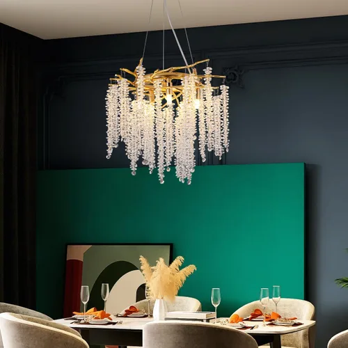 Miniatura 13 de Candelabro de Cristal Rama de Árbol Dorado Gota de Lluvia Redonda Lámpara Colgante con Borla Luminaria de Techo Colgante para Dormitorio Sala