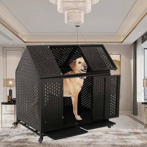 Miniatura 7 de Jaula indestructible para perros de 44 pulgadas, resistente y de alta ansiedad, a prueba de golpes, jaula de techo puntiaguda de metal para perros