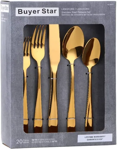 YDware - Juego de cubiertos de acero inoxidable, 20 piezas, tenedores dorados, cucharas, cuchillos, servicio para 4, pulido de espejo y apto para
