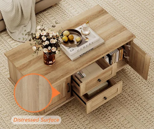Miniatura 7 de WAMPAT - Mesa de café de granja con gabinete de almacenamiento, mesas de café de madera para la sala de estar, mesa de té rústica rectangular