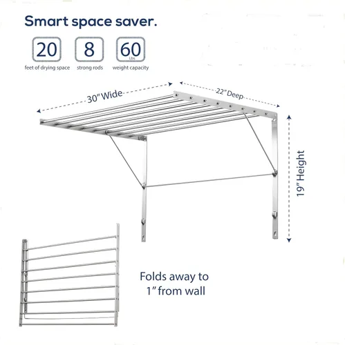 Miniatura 2 de Smartsome Montaje en la pared Tendedero de secado de ropa 30 pulgadas de ancho 20 pies lineales de capacidad 8 varillas redondas lisas