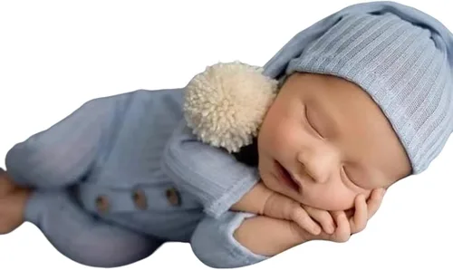 Miniatura 23 de Accesorios para sesión de fotos de bebé recién nacido, sombrero de punto de ganchillo, disfraz, sombrero de rayas, pantalones, mono, accesorios