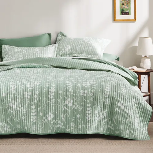 Bedsure - Colcha floral tamaño King, ropa de cama reversible con estampado botánico verde menta, colcha ligera, colcha de microfibra suave para 09 -