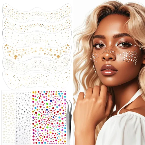 XANGNIER Tatuaje facial de pecas con purpurina, 9 hojas de calcomanías de maquillaje con purpurina facial para mujeres, joyas doradas y plateadas,