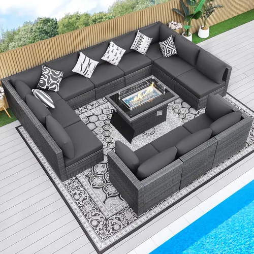 Miniatura 44 de BULEXYARD Juego de 7 piezas de sofá seccional para exteriores con respaldo alto, mesa para fogatas, juego de muebles de patio de mimbre resistente a