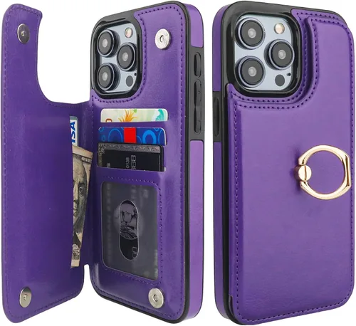 Miniatura 10 de ONETOP Funda tipo cartera para iPhone 15 Pro Max con soporte para tarjetas, anillo de rotación de 360°, función atril, bloqueo RFID, piel sintética