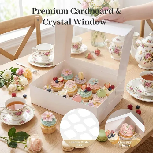 Miniatura 3 de VGOODALL 12 Cajas para Cupcakes, 12PCS Portacupcakes con Ventana Cajas Blancas de Pastelería para Cumpleaños Fiestas Navideñas Suministros