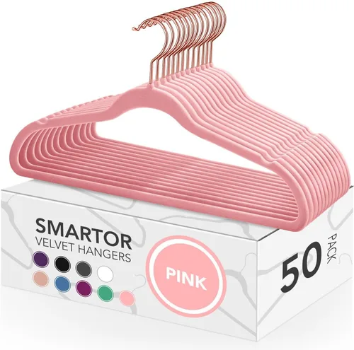 Smartor Perchas de terciopelo rosa – Paquete de 50 perchas de fieltro antideslizantes de terciopelo rosa dorado, perchas de fieltro de alta