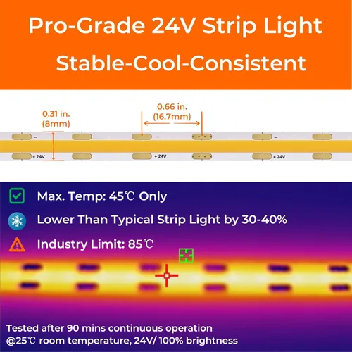 Miniatura 7 de Tira de luces LED COB 2700K, cinta de luz flexible premium de 24V CC con fuerte cinta VHB de 3M, CRI 95, certificación UL, cortable, regulable