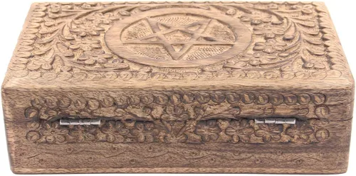 Miniatura 4 de DharmaObjects - Caja de almacenamiento de madera con diseño de estrella de pentagrama tallada, Madera, L