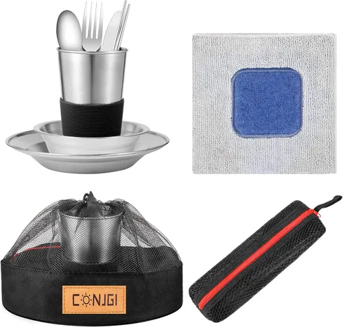 Miniatura 6 de Kit de desorden para acampar al aire libre: platos de campamento de 1 a 2 personas, incluye tazas, cuencos, platos, cuchillos, tenedores, cucharas