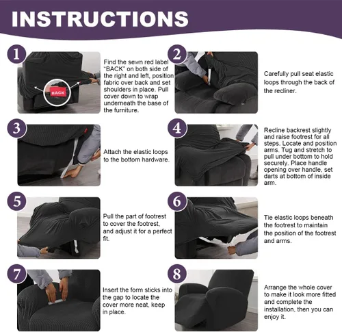 Miniatura 7 de MeilleMaison Funda elástica para silla reclinable, funda para sofá de 1 pieza con parte inferior elástica, lavable, protector de muebles Negro