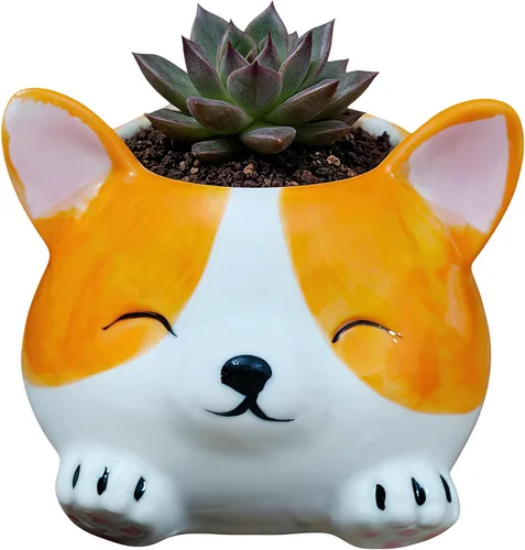 Miniatura 2 de Cuteforyou Macetas para suculentas, bonitas macetas de cerámica con forma de animal, diseño de cactus suculentas, planta no incluida (Corgi)