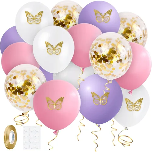 Globos de látex rosa, morado y blanco con mariposa 3D dorada, 62 globos de fiesta de confeti de 12 pulgadas, color rosa claro, morado y dorado con