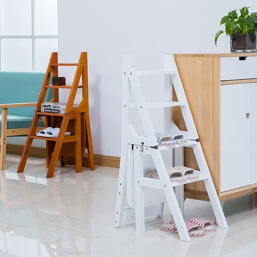 Miniatura 2 de Silla plegable de madera maciza, escalera de biblioteca portátil de 4 escalones, silla plegable convertible para adultos, oficina, hogar, cocina al