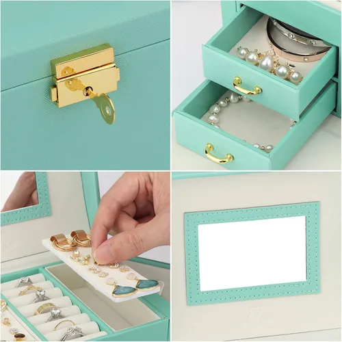 Miniatura 3 de Joyero multifunción con espejo 2 cajones y cerradura organizador de almacenamiento de piel sintética para pulseras aretes anillos collares relojes