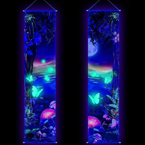 Tiamon 2 Piezas Decoración de Pared Arte con Luz Negra Tapiz Psicodélico Luz Negra Tapiz Reactivo UV Póster Banner Estético Colgante para Habitación