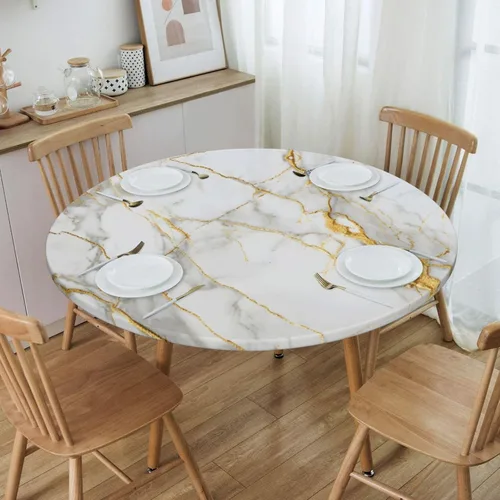Miniatura 8 de Mantel redondo de mármol blanco dorado con borde elástico, mantel decorativo para el hogar, cocina, comedor, fiesta, S (se adapta a 40-45 pulgadas)