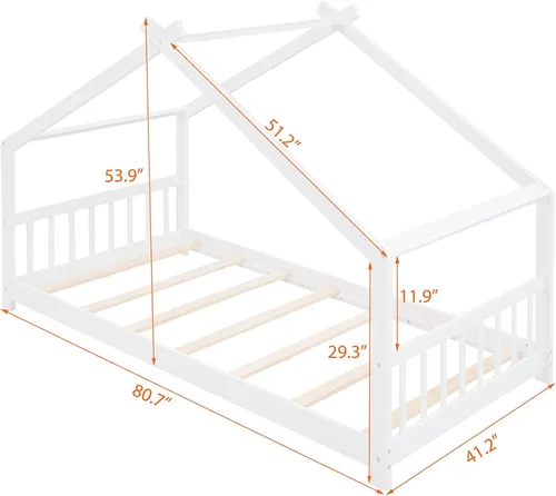 Miniatura 2 de Cama de casa de tamaño individual para niños, base de cama Montessori tamaño individual con cabecero y estribo, cama de madera para niños y niñas