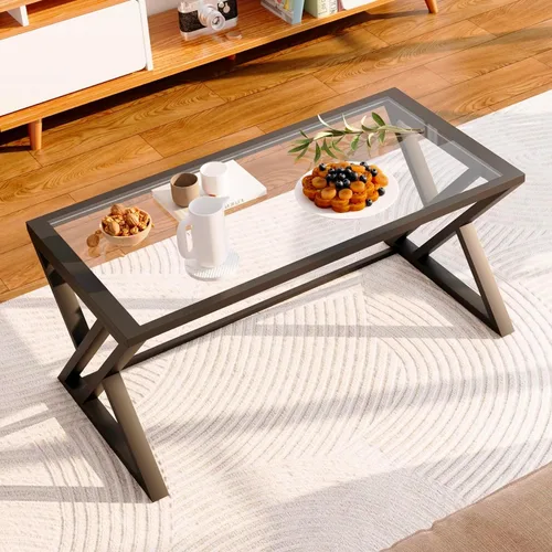 Miniatura 7 de Mesa de café Wolawu de vidrio negro para sala de estar, mesa central rectangular moderna con marco de metal resistente, mesa de té de vidrio